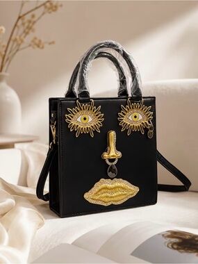Schiaparelli Inspired Black Women's Leather Face-Applique Tote Bag